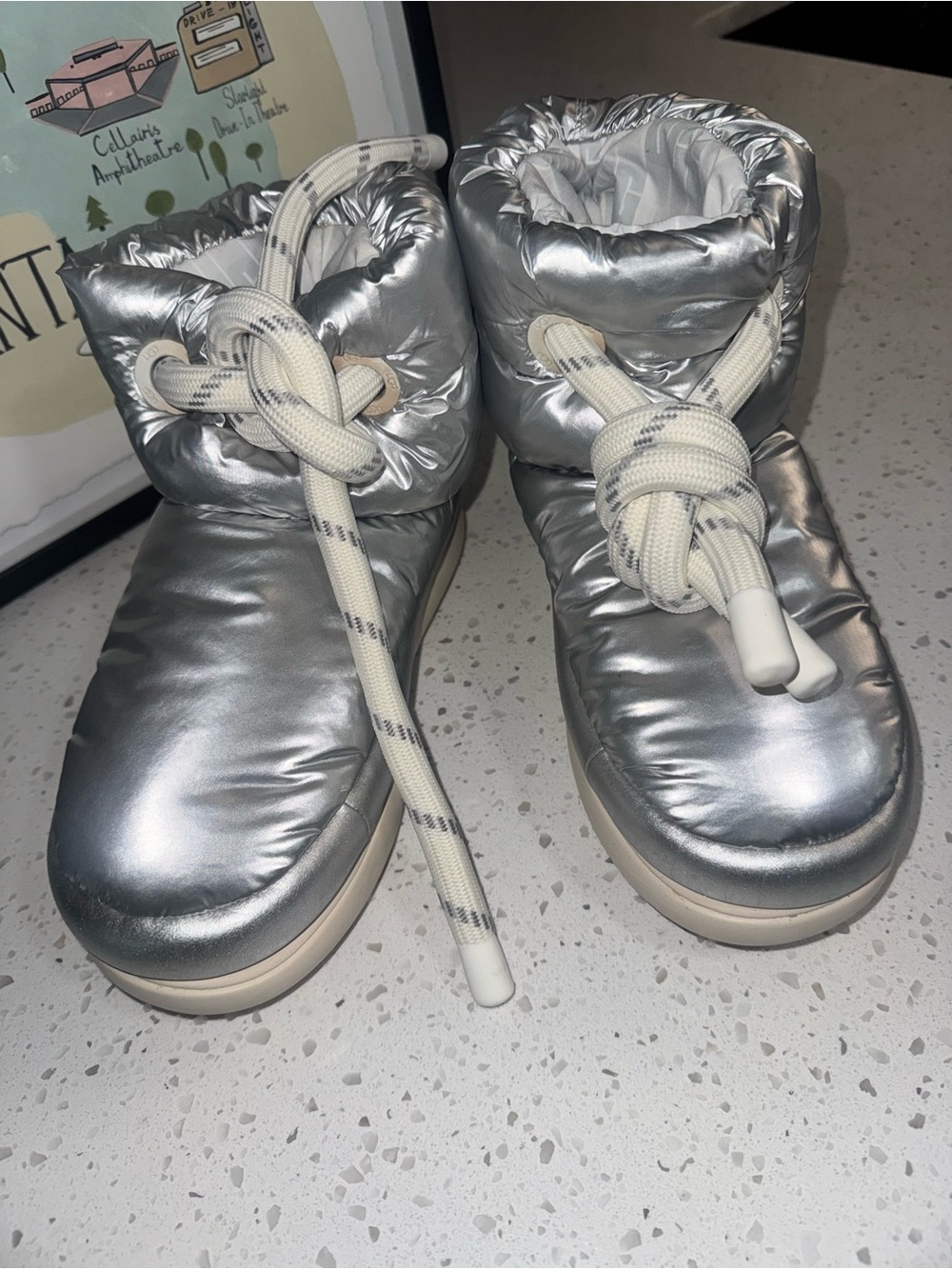 UGG Silver Puffer Ankle Booties with Cream Laces